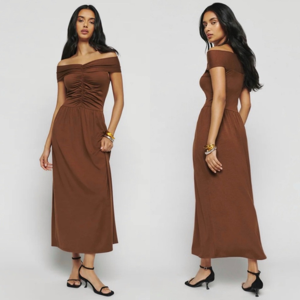 NWT Reformation Arietta Knit Off The Shoulder Maxi Dress Chestnut Brown